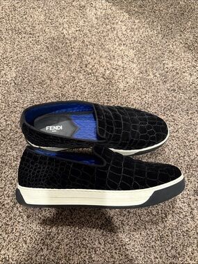 Fendi Black Velvet Croc-Embossed Slip-On Sneakers with Blue Lining